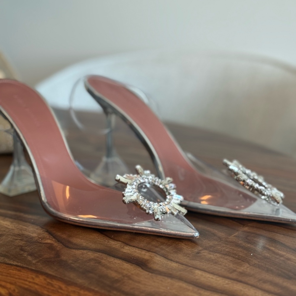 Amina Muaddi Clear Heels with Crystal Embellishments